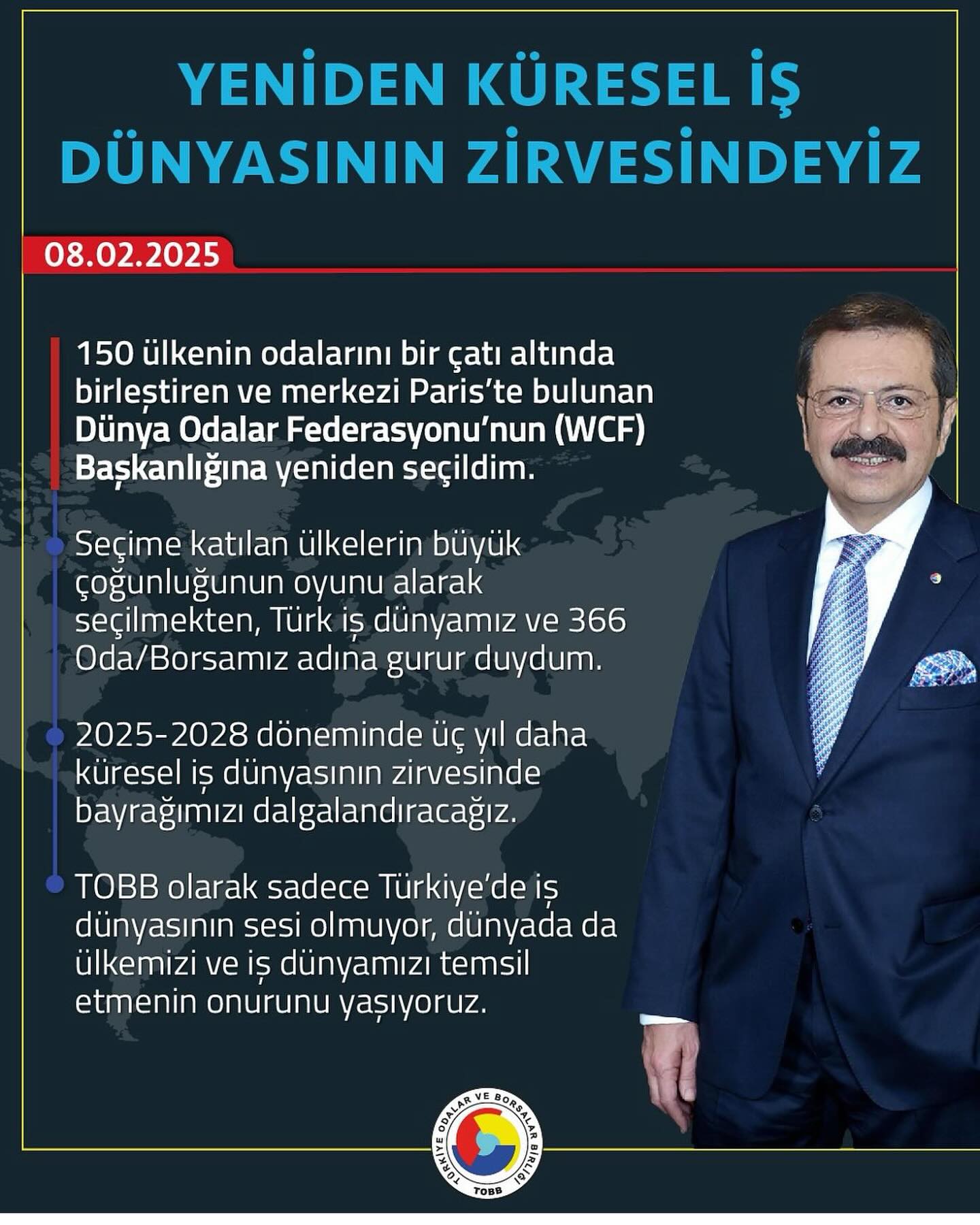 Dünya Odaları Federasyonu Başkanlığına yeniden seçilerek bizleri onurlandıran Genel Başkanımız Sayın M. Rıfat HİSARCIKLIOĞLU’nu kutluyoruz.